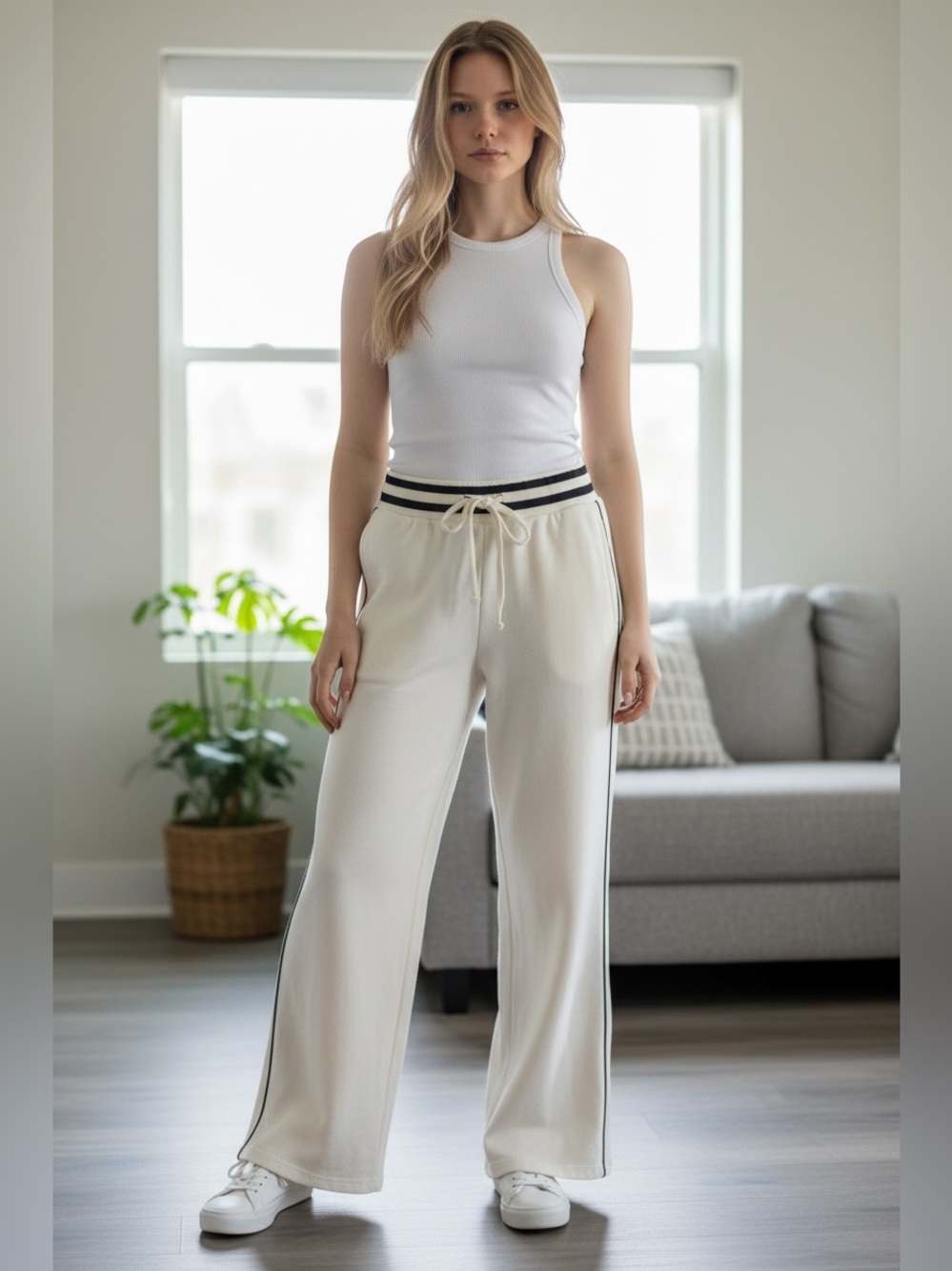 Sundry Cream Velour Wide-Leg Track Pants with Black Stripe Waist Size S
